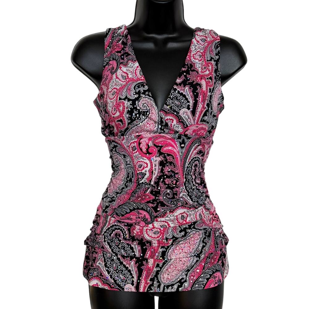 Vtg 90s INC Paisley Tank Top S Black Pink Rhinestone Y2K Clubwear Geometric Cami